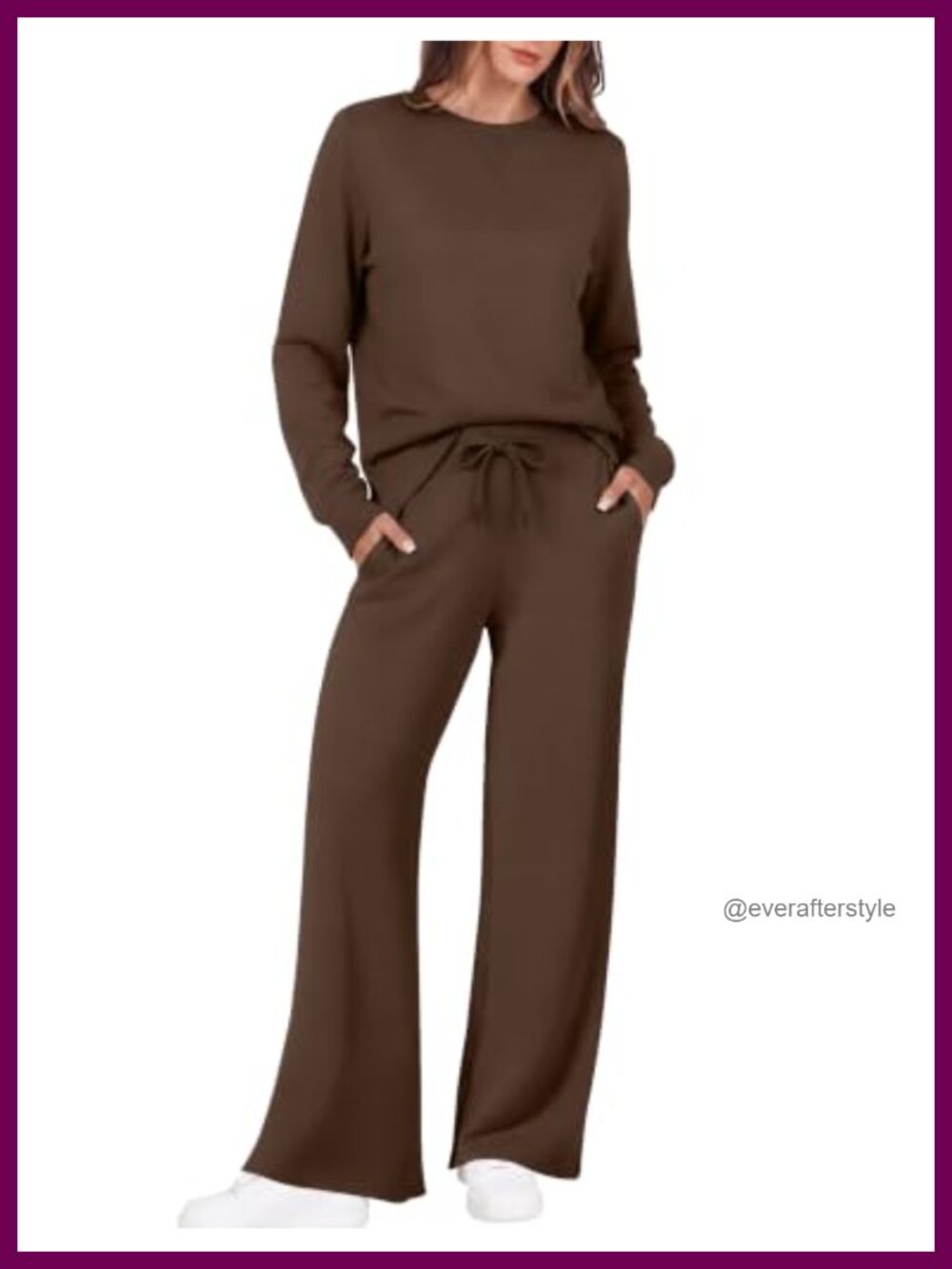 2 Piece Lounge Set Women Long Sleeve Crewneck Wide Leg Drawstring Pants